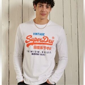 SuperDry White & Orange Graphic Long Sleeve Crewneck Cotton Tee - Size Medium